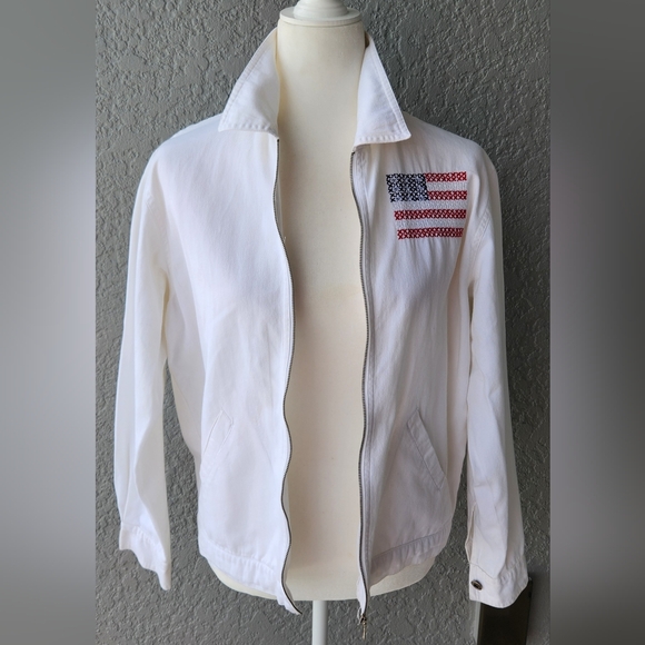 Agapo Collection White Lightweight Jean Embroidered American Flag Jacket Sz S - Picture 1 of 8